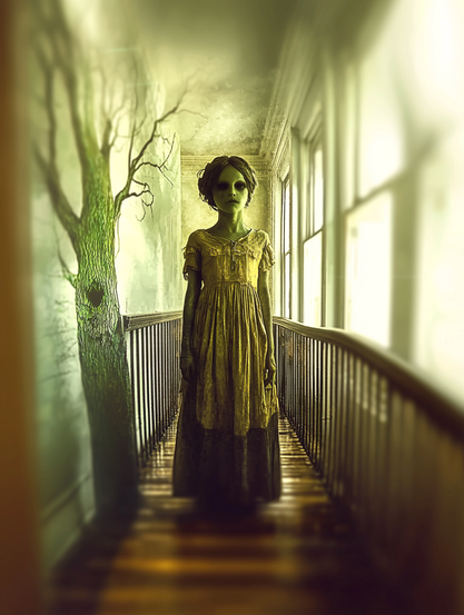 Le Couloir Flétri
Portrait gothique d’une fillette étrange aux airs surnaturels dans un couloir victorien, baigné d’une lumière blafarde et irréelle.
Gothic portrait of a strange girl with a supernatural aura in a Victorian hallway bathed in pale, unreal light.