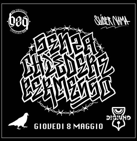 Flyer artistico che riprende il titolo del mercatino "senza chiedere permesso" e alcune realtà che lo caratterizzano.