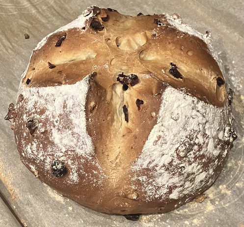 A round loaf of bread with floury sides and a big X cut in the middle. The bread is a deep golden brown but contrasts with the white edges of the cut, and has little speckles from the craisins.  The bread is sitting on a crinkly piece of parchment paper.