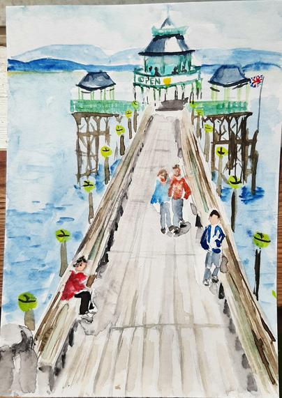 Aquarell. Auf dem Clevedon-Pier sind einige Leute unterwegs.