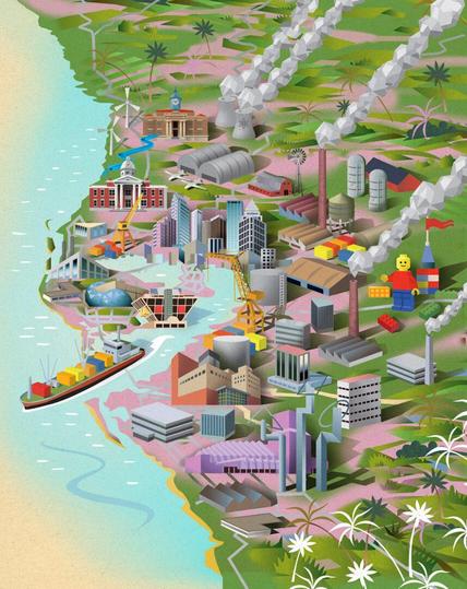 Illustration of a coastal city with factories, cranes, ships, and smoke plumes, blending industrial buildings with greenery and palm trees.