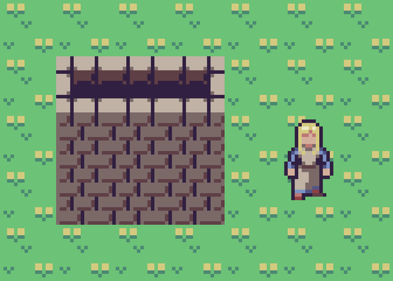 A section of stone wall and a character stand on a grass field.
