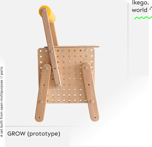 A picture of a chair that is built from open multipurpose parts and can be reassembled to many chairs with different sizes.