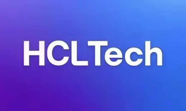 HCLTech company logo with the name of the company in bold white text against a dark blue background in the lower left fading to a sky blue background in the upper right.