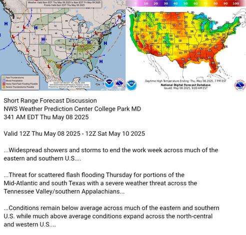 Valid 12Z Thu May 08 2025 - 12Z Sat May 10 2025

...Widespread showers and storms to end the work week across much of the
eastern and southern U.S....

...Threat for scattered flash flooding Thursday for portions of the
Mid-Atlantic and south Texas with a severe weather threat across the
Tennessee Valley/southern Appalachians...

...Conditions remain below average across much of the eastern and southern
U.S. while much above average conditions expand across the north-central
and western U.S....