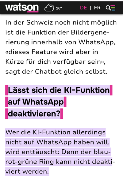 Screenshot der Webseite von Watson zu diesem Thema