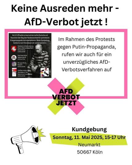 Keine Ausreden mehr - AFD Verbot jetzt

Im Rahmen des Protests gegen Putin-Propaganda, rufen wir auch für ein unverzügliches AFD Verbotsverfahren auf!