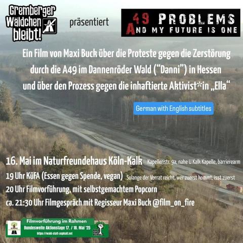 GrembergerWäldchen bleibt

49 Problems and my future is one

ein Fim von Maxi Buck über die Proteste gegen die Zerstörung durch die A49 im Dannenröder Wald (Danni) in Hessen und über den Prozess gegen die inhaftierte Aktivist*in Ella