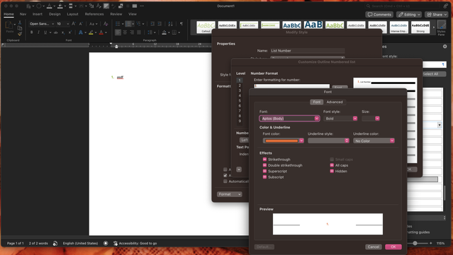 Microsoft Word for Mac. Font panel for an ordered number list level with two dialog boxes behind it.