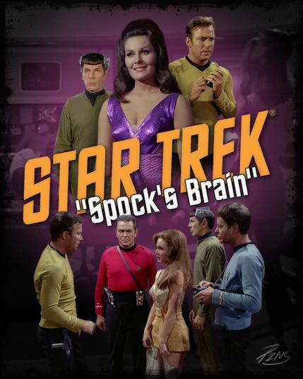 A poster for the Star Trek episode Spock's Brain, featuring characters from the series interacting with Spock who has some sort of device on his head.