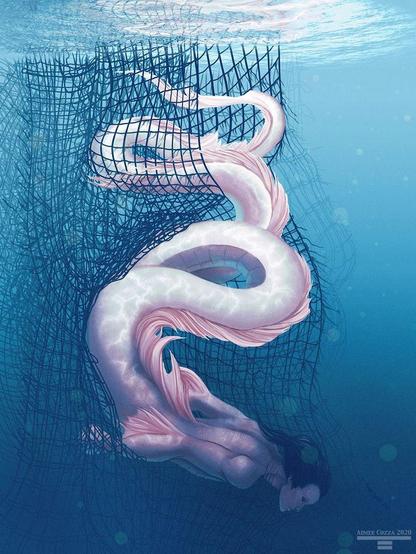 A pale and pinkish eel-like man swimming downward from fishing nets and the surface of the water.