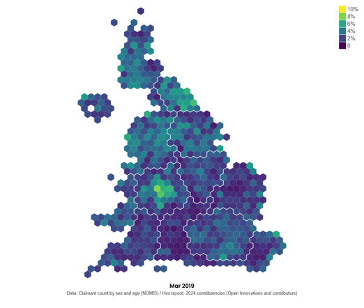 Hex cartogram of UK constituencies. Unemployment is generally higher everywhere other than the South East and East of England. It is highest in parts of Birmingham, then the North East, and North West. The highest rate is 8% in Birmingham Perry Barr.