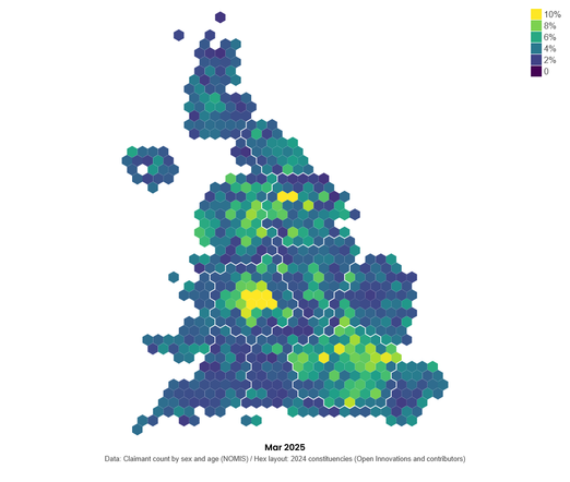 Hex cartogram of UK constituencies. In March 2025, unemployment has risen in most places. It is highest in Birmingham and parts of Bradford. The highest rate is 16.3% in Birmingham Perry Barr. Nine constituencies are over 10%.