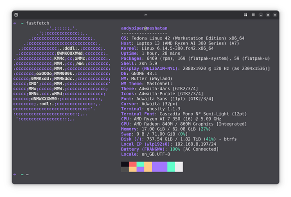 Terminal output showing Fedora Linux 42 (Workstation Edition) x86_64 Laptop 13 (AMD Ryzen AI 300 Series) (A7)  
Kernel: Linux 6.14.5-300.fc42.x86 64 
Uptime: 1 hour, 28 mins
Packages: 6469 (rpm), 169 (flatpak-system), 59 (flatpak-u) Display (NE135A1M-NY1): 2880x1920 @ 120 Hz (as 2304x1536)] 
DE: GNOME 48.1 
WM: Mutter (Wayland) 
WM Theme: MastoShell 
CPU: AMD Ryzen AI 7 350 (16) @ 5.09 GHz 
GPU: AMD Radeon 840M / 860M Graphics [Integrated] Memory: 17.00 GiB / 62.08 GiB (27%) Swap: 0 B / 71.00 GiB (0%) Disk (/): 757.54 GiB / 1.82 TiB (41%)