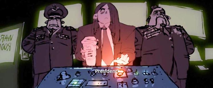 A storyboard drawing with subtle color and lighting. A girl in a large suit stands in front of some sort of dashboard, with a red button. Two high ranking military men are standing on either side of her. A scene about a War Room, obviously...