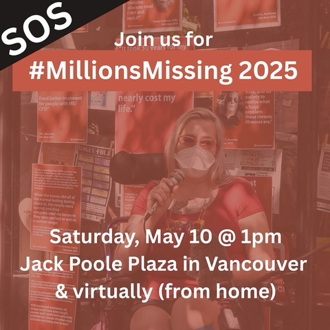 Red graphic featuring a red-tinted photo of a masked speaker at the last Millions Missing BC rally. Text reads, SOS: join us for #MillionsMissing 2025. Saturday, May 10 at Jack Poole plaza in Vancouver and virtually (from home)