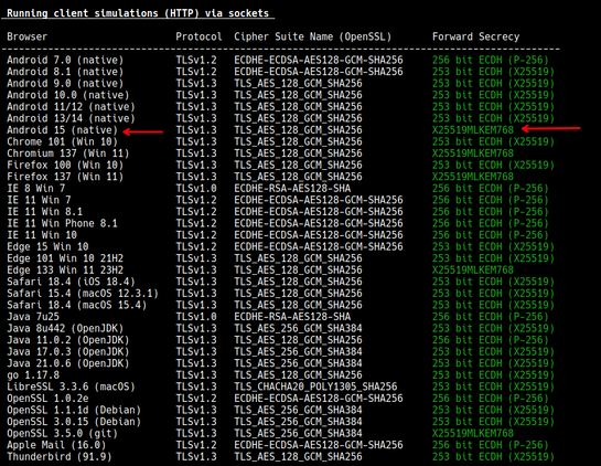 Android 15 handshake simulation in testssl showing support for hydrid PQ KEM/kx X25519MLKEM768