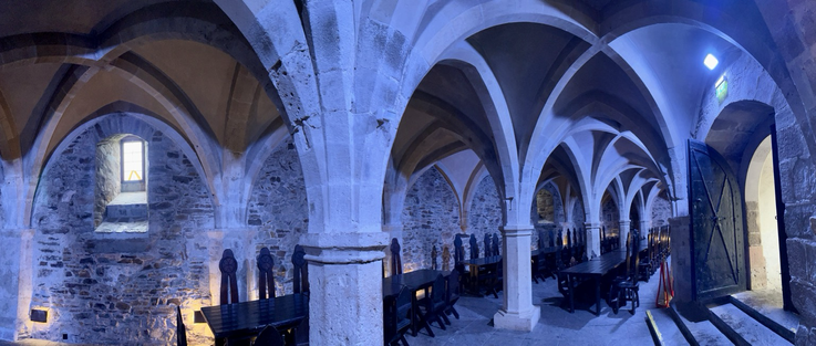 Rittersaal mit unzähligen runden Torbögen und Holztischen in bläulichem Licht