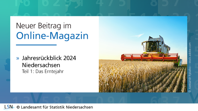 Neuer Beitrag im Online-Magazin. Jahresrückblick 2024 Niedersachsen. Teil 1: Das Erntejahr. Das Bild zeigt einen Mähdrescher beim Ernten eines Getreidefelds.
