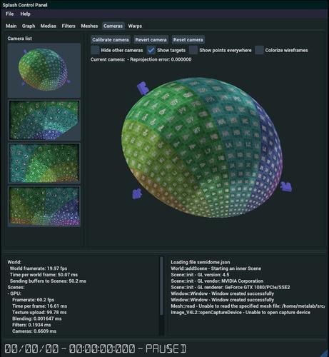 Interface utilisateur de Splash, montrant une projection dans un dôme avec 3 projecteurs.