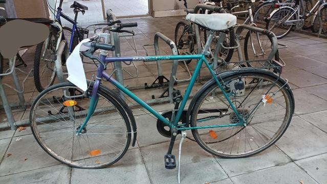 Ein altes Stadtrad (Stahlrahmen in lila und grün lackiert) steht vor einem Fahrradständer.
