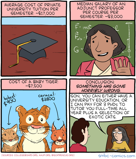 Average cost of private university tuition per semester: ~$17,000

Median salary of an adjunct professor per course per semester: ~$3,000

Cost of a baby tiger: ~$7,500

Conclusion: SOMETHING HAS GONE HORRIBLY WRONG.

Son, you can either have a university education, or I can pay for 3 PHDs to tutor you full-time all year plus a selection of exotic cats.