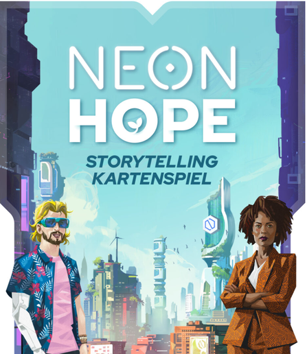 Eine Comiczeichnung auf der der Schriftzug "Neon Hope" auf hellblauem Hintergrund in der Mitte dominiert. Unten in den Ecken sind zwei menschliche Figuren zu sehen. Links ein Mann vom Typ "Surfer" (blonde Mähne, Hawaii-Shirt, Sonnenbrille), rechts eine farbige Frau mit wallenden Locken und einem braunen Kostüm, die die Arme verschränkt hat