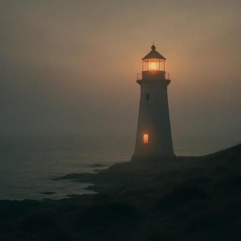 A solitary lighthouse stands at the edge of a misty coastline, its light casting a warm, quiet glow across the dark sea. There’s no drama—just stillness. A silent invitation to step away from the world and breathe.