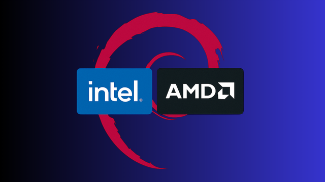 It is the Debian Operating System's logo with intel and AMD logos on it ob top of a dark blue background.
