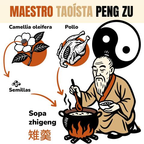 Semillas de Camellia oleifera y el pollo son los dos ingredientes reconocidos (entre otros) para elaborar la deliciosa sopa zhigeng,  el extraordinariamente curativo alimento que fue elaborado por primera vez por el maestro taoísta Peng Zu. La infografía muestra las semillas de aceite de té (camellia oleifera) y un pollo que confluyen en una olla donde Peng Zu remueve la sopa.