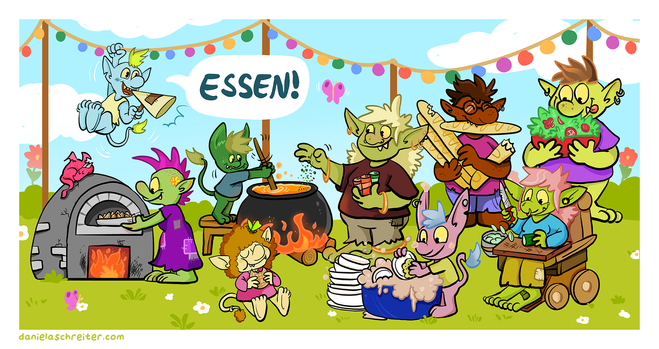 Comic Illustration: Neun Trolle tummeln sich auf einer Wiese, es wird gerade ein großes Festessen vorbereitet. Der Himmel ist blau, ein paar weiße Wolken sind verteilt zu sehen und eine Lichterkette ist an Stangen aufgespannt. Folgende Trolle sind von links zu rechts positioniert:
Ein grüner Troll mit violettem Kleid und Iro schiebt gerade Kartoffelspalten in einen kleinen Ofen, auf dem Ofen schläft ein kleiner roter Drache.
Ein hellblauer Troll hängt an der Lichterkette und ruft über ein Megaphon „ESSEN“.
Ein beiger Troll mit braunen Locken sitzt auf der Wiese und isst eine Waffel.
Zwei grüne Trolle stehen an einem großen Kessel, einer rührt mit einem Löffel, der andere würzt gerade das Gulasch nach.
Ein Troll mit rosa Haut wäscht gerade Teller ab.
Ein Troll mit brauner Haut trägt ganz viele Baguettes.
Ein grüner Troll im Rollstuhl schnippelt gerade Gurken.
Ein grüner Troll trägt eine große Schüssel mit Salat.
