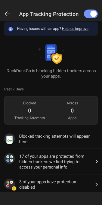 DuckDuckGo's App Tracker Blocker reading Zero blocks for Zero Apps. 
(This means it's not working at all probably due to Google disabling it.)