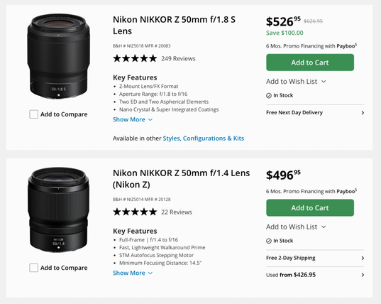 Screen shot from B&H Photo website showing the Nikon 50 1.8 lens for $526 and the Nikon 50 1.4 lens for $496, making the faster lens cheaper.