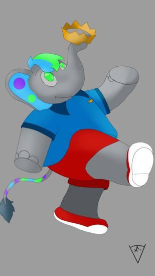 Samuel, anthropomrophic elepahant the master of whimsy who transforms into Prince Badou from Babar with a flair for the fabulous!