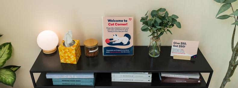 A low table holds atmospheric items, and has a sign perched atop it reading "Welcome to Cat Corner! / Please take a blanket to cover your cat's crate, and feel free to spray Feliway on it to calm your kitty."