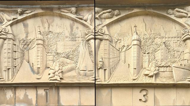A pair of relief sculptures showing scenes inspired by Glasgow's maritime history.