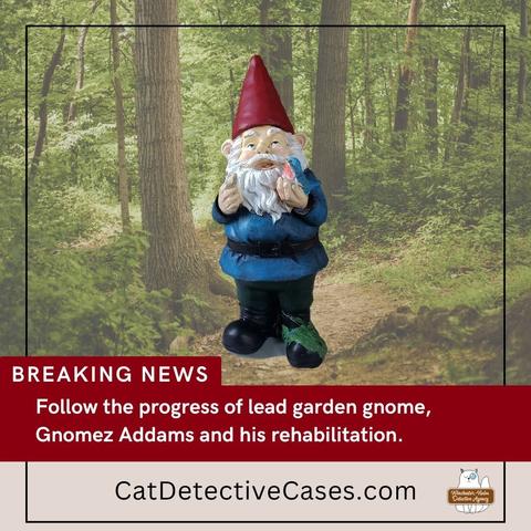Mock "news" screen with red banner: a forest background with garden gnome pasted on top of it.
"Breaking News; Follow the progress of lead garden gnome, Gnomez Addams and his rehabilitation."
Text below: "CatDetectiveCases.com" next to Winchester-Nabu Detective Agency logo of a round white cat wearing a monocle with text banner
