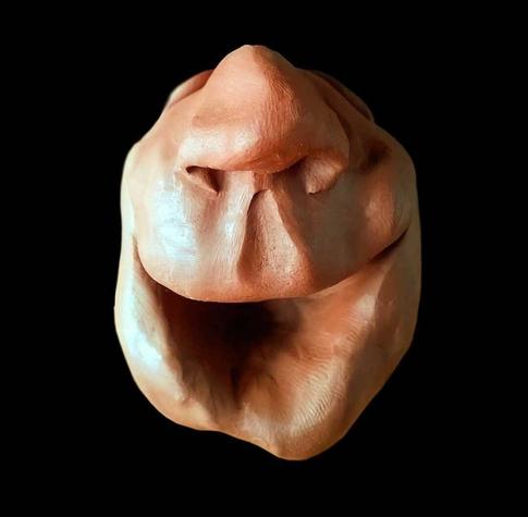 The image shows a detailed plasticine sculpture that resembles a head in an abstract, compressed form. The sculpture has a brown color and is photographed against a solid black background which creates strong contrast.