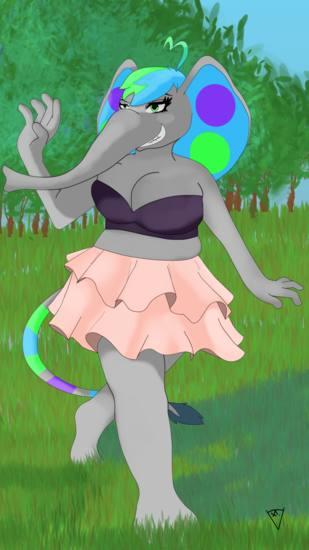 Samantha, the anthropomorphic elephant, is dressed in a beautiful and stylish dress. Imagine her walking with confidence and grace, showcasing her unique and charming look in a way that brings a smile to everyone's face!