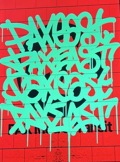 Red background and bright green graffiti style text that says “paxeast” in 4 different styles