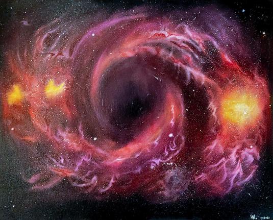 An oil painting of a black hole in reds, oranges and yellows.