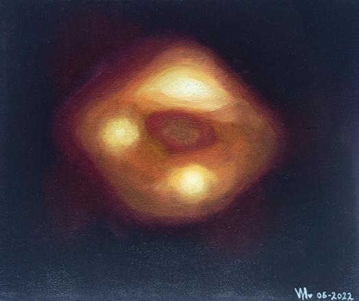 An oil painting of Sagittarius A* in reds, oranges and yellows.
