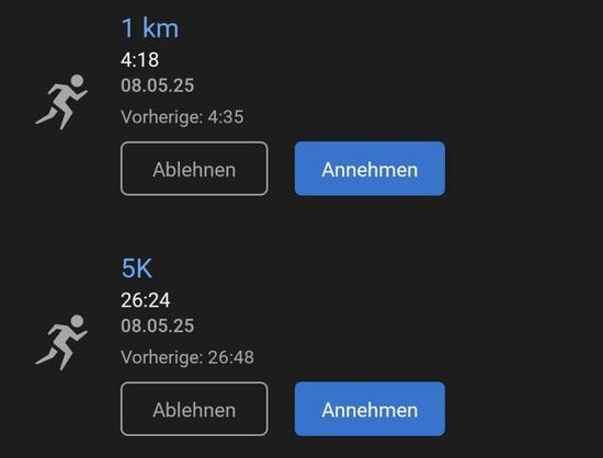 Neue persönliche Bestleistungen beim Laufen: 1km in 4:18 Minuten 5km in 26:24