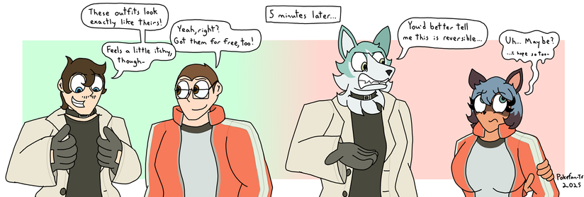 An implied transformation sequence of two men turning into Shirou and Michiru from BNA. The left guy looks irritated at the end, while the right looks embarrassed.