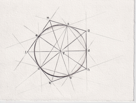 A rendering negotiated from book IV proposition 12 of Elements (1482 print-edition).

A pentagon inscribed within a circle inscribed within a pentagon, evenly divided through the center by 5 straight lines. Most every line has been extended past its necessary length, faceting the surrounding area.