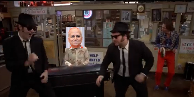 A picture of the Blues Brothers with the new Chicago-native pope photoshopped in to be sitting with them.