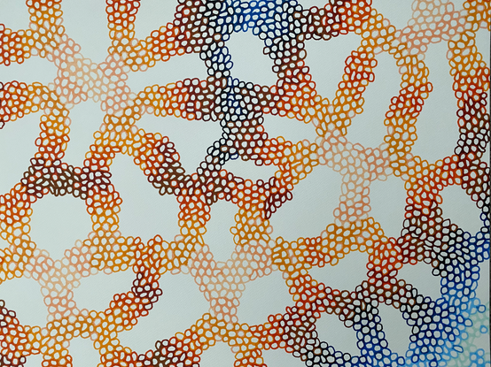 My latest drawing composed of hundreds of colored blobs connected to each other forming a fractal-like structure and exploiting a gradient of color from light orange through red, dark brown, dark blue, to finally light blue