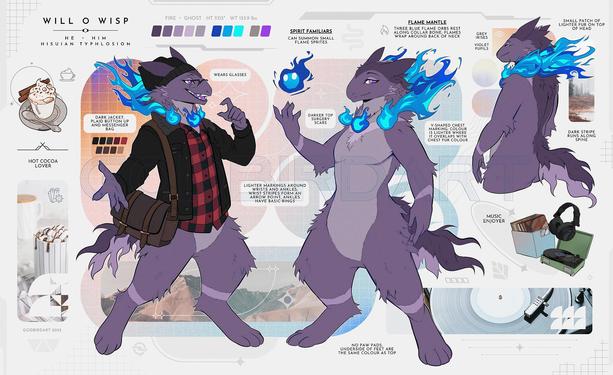 image is a digitally illustrated character sheet for an anthropomorphic creature based on the Hisuian Typhloson species from the series Pokemon. unlike the original species, this character is predominantly mauve with ultramarine flames. they are depicted wearing a dark coat, russet plaid shirt, and a chocolate-hued messenger bag. they are also wearing a dark toque and glasses.