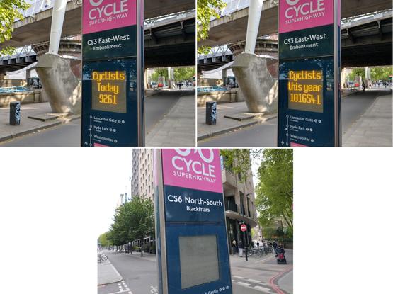 Three pictures of the cycle journey counting totems displaying (or not) the quoted scores