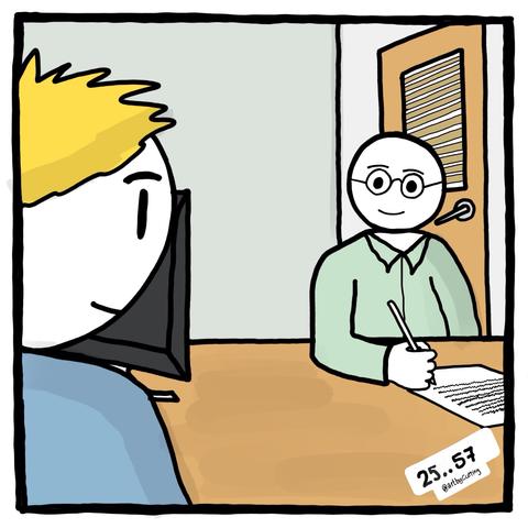 Pictured me sitting at desk in meeting room entering into psych testing. Facilitator opposite wearing round glasses and light green shirt. Writing on a pad next to a computer screen.